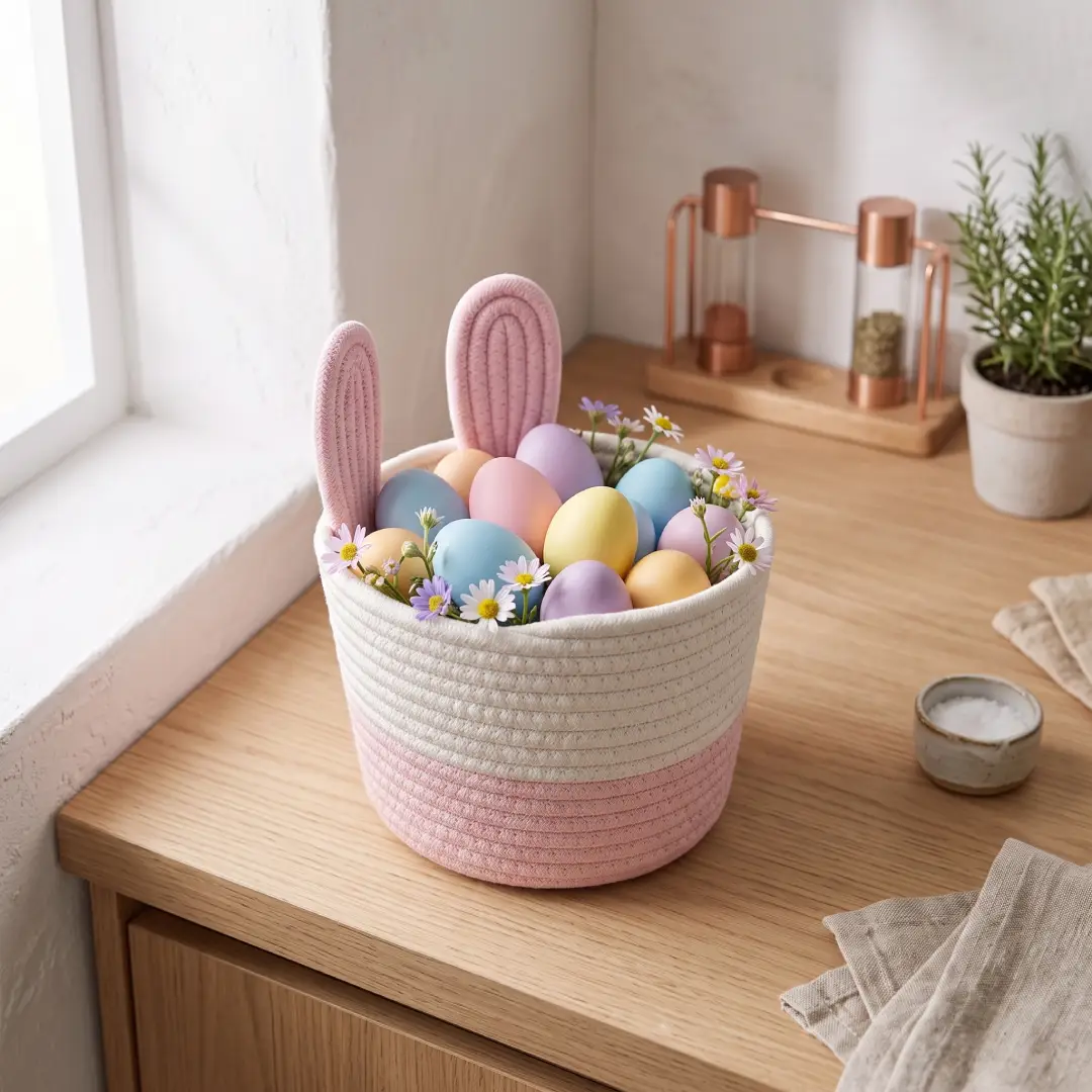 Cute Bunny Easter Basket for Kids Egg Hunting Pink and White image 6