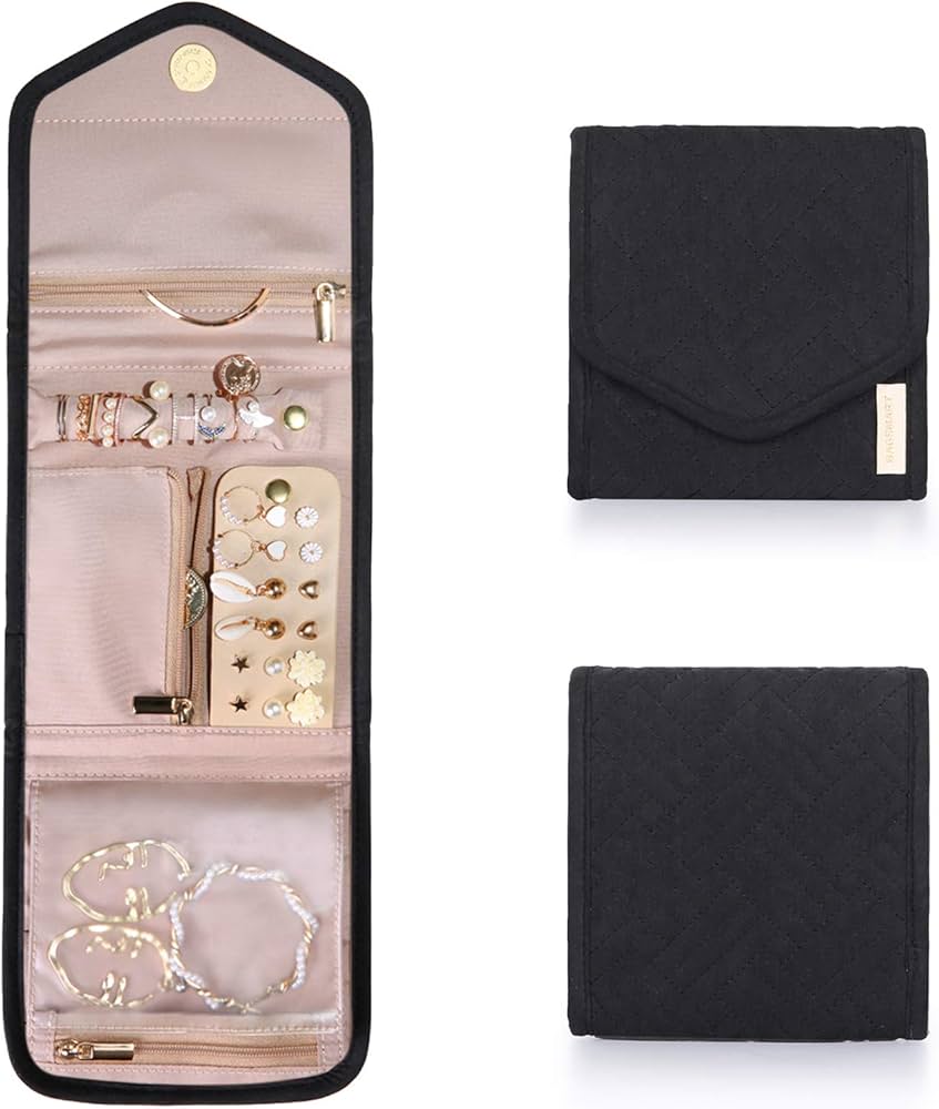 BAGSMART Travel Jewelry Organizer Roll Foldable Jewelry Case for Journey-Rings, Necklaces, Bracelets, Earrings, Black