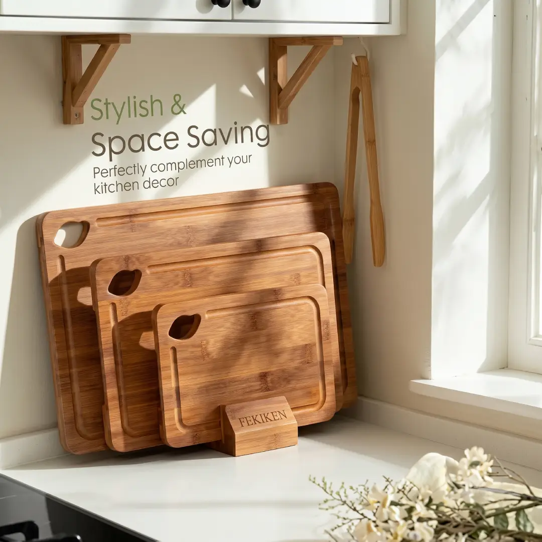 Astercook Bamboo Cutting Board Set with Wood Storage Stand