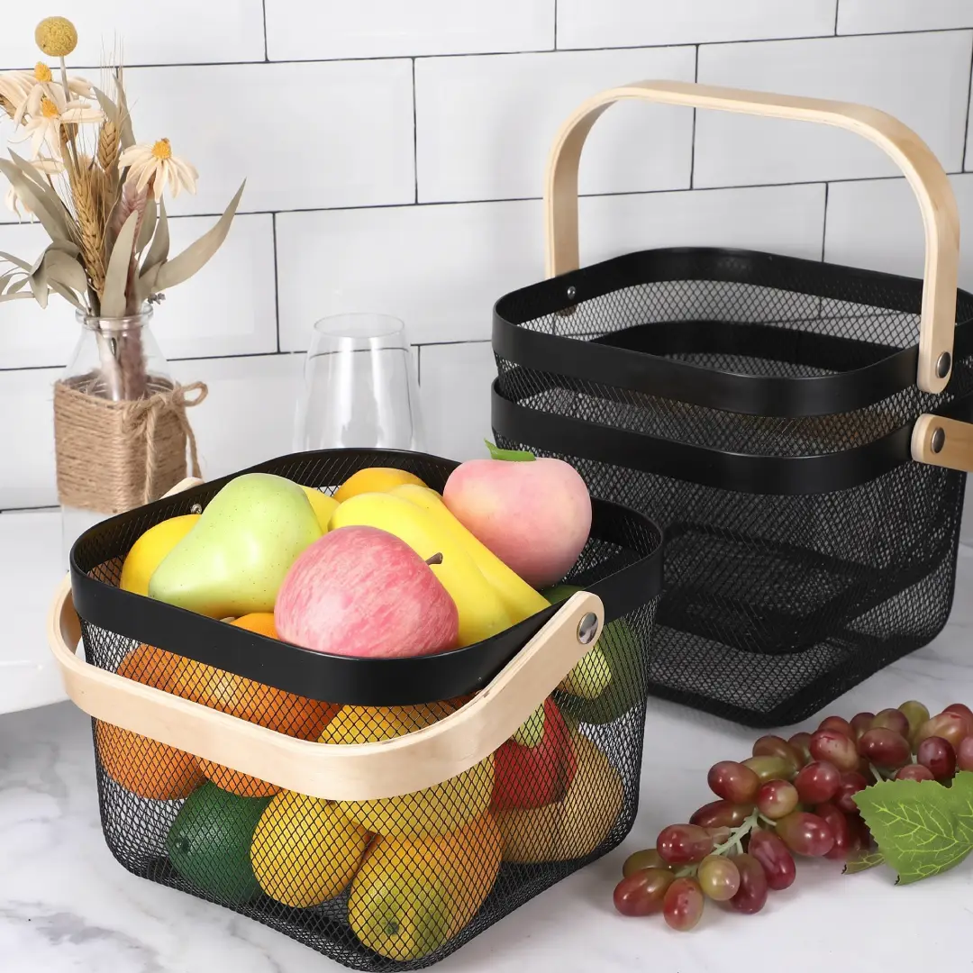 Metal Mesh Wire Storage Basket with Wood Handle