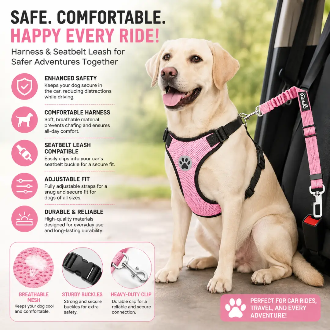 Adjustable Dog Car Safety Harness with Seat Belt Tether – 2-in-1 Vehicle Restraint for Small to Large Dogs image 3