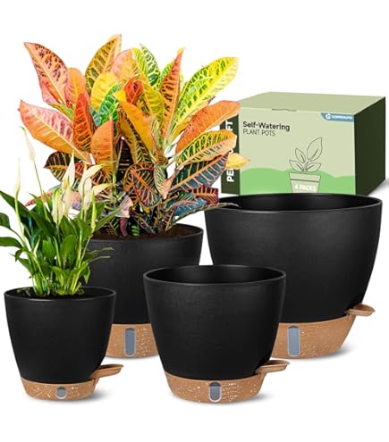 Self-Watering Pots for Indoor Plants 4 Pack, 6/8/10/12 Inch Outdoor Planters with Water Level Indicator&Deep Reservoir, Decorative Flower Pots for Indoor Plants,Home Decor (White, 12+10+8+6 inch)