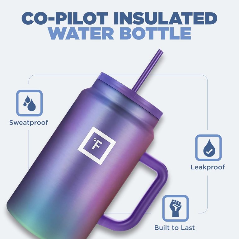IRON °FLASK Co-Pilot Insulated Mug w/Straw & Flip Cap Lids - Cup Holder Bottle for Hot, Cold Drink - Leak-Proof - Water, Coffee Portable Travel Mug - Aurora, 40 Oz