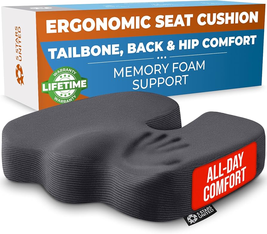 5 STARS UNITED Seat Cushion - Memory Foam Chair Cushion for Tailbone Pain Relief - Ergonomic Support for Coccyx, Sciatica & Butt - Office, Desk & Gaming Chair, Car Seat, Wheelchair, Airplane, Black