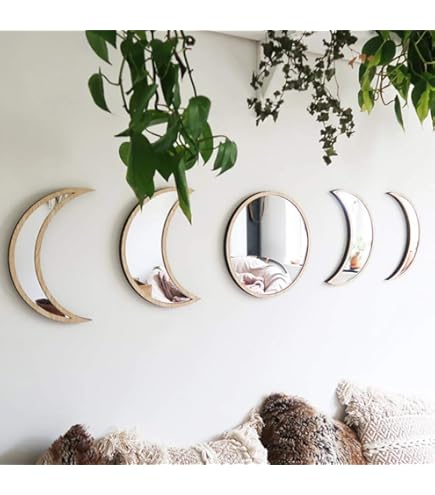 Scandinavian Decor 5-Piece Acrylic Wall Decor - Wooden Moon Phase Mirror, Bohemian Design for Living Room, Bedroom - Beige