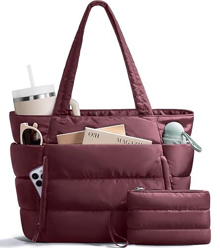 Bagstellar Puffer Tote Bag for Women, Lightweight Puffy Work Handbag Teacher Nurse Quilted Shoulder Bag for School Travel Gym | Cloud Bag w/ Zipper, Daily College Bags, 15.6" Computer Bag, Clinical Nursing Bag, 40 OZ Tumbler Holder, Ideal Gift for Women