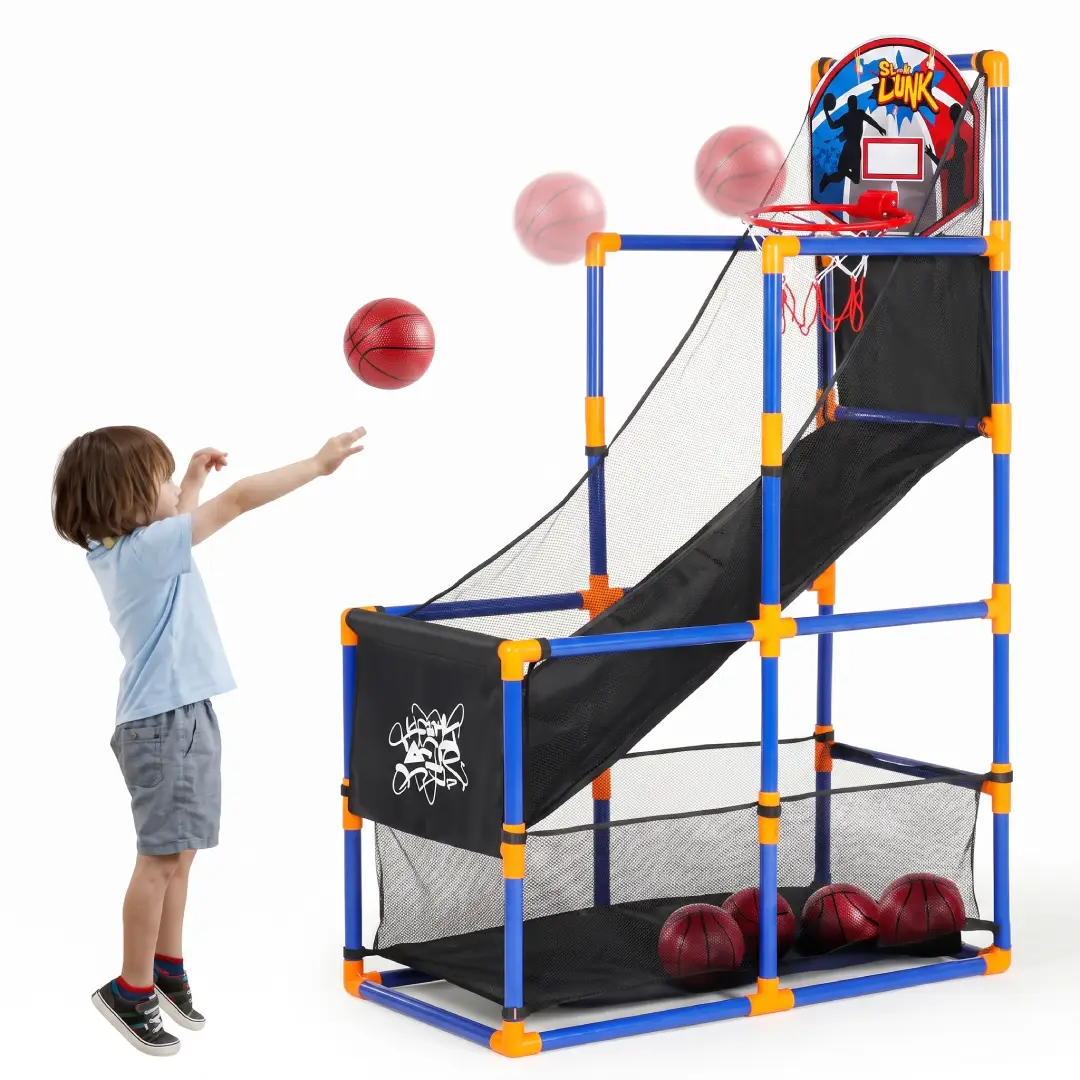 Kids Arcade Basketball Game Set – Indoor & Outdoor Hoop with 4 Balls & Pump