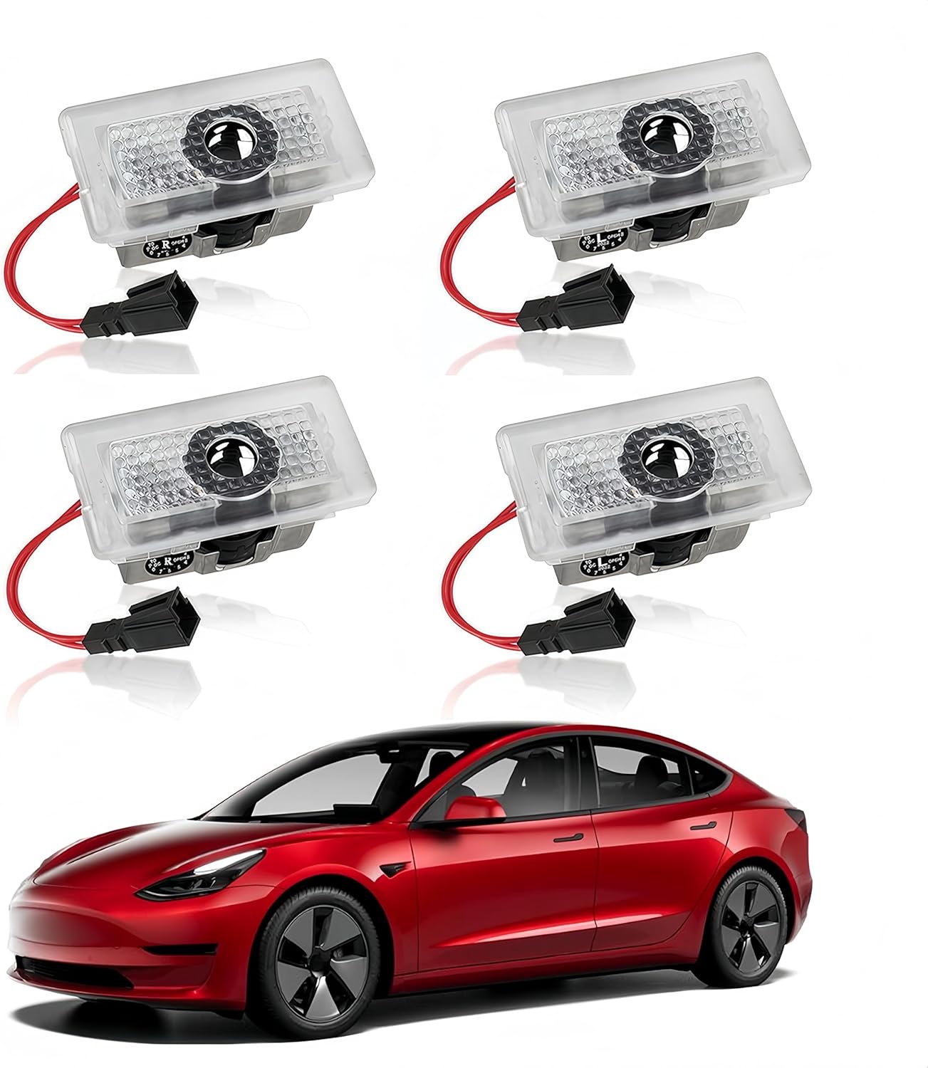 LOWEEY Car Door Lights Logo Projector Compatible with Accessories for Model Y 3 X S, No Fade 4K-HD Puddle Lights Car Welcome Light 3D Laser Ghost Shadow Light (Red Logo)