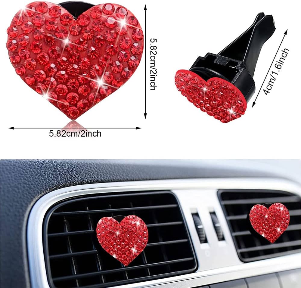 5 Pcs Bling Red Lips Air Vent Clips, Heart Shape Crystal Car Air Vent Clip Charms Car Air Fresheners for Women Rhinestone Diffuser Vent Clip Cute Car Decor Bling Car Accessories for Women (Red hearts)
