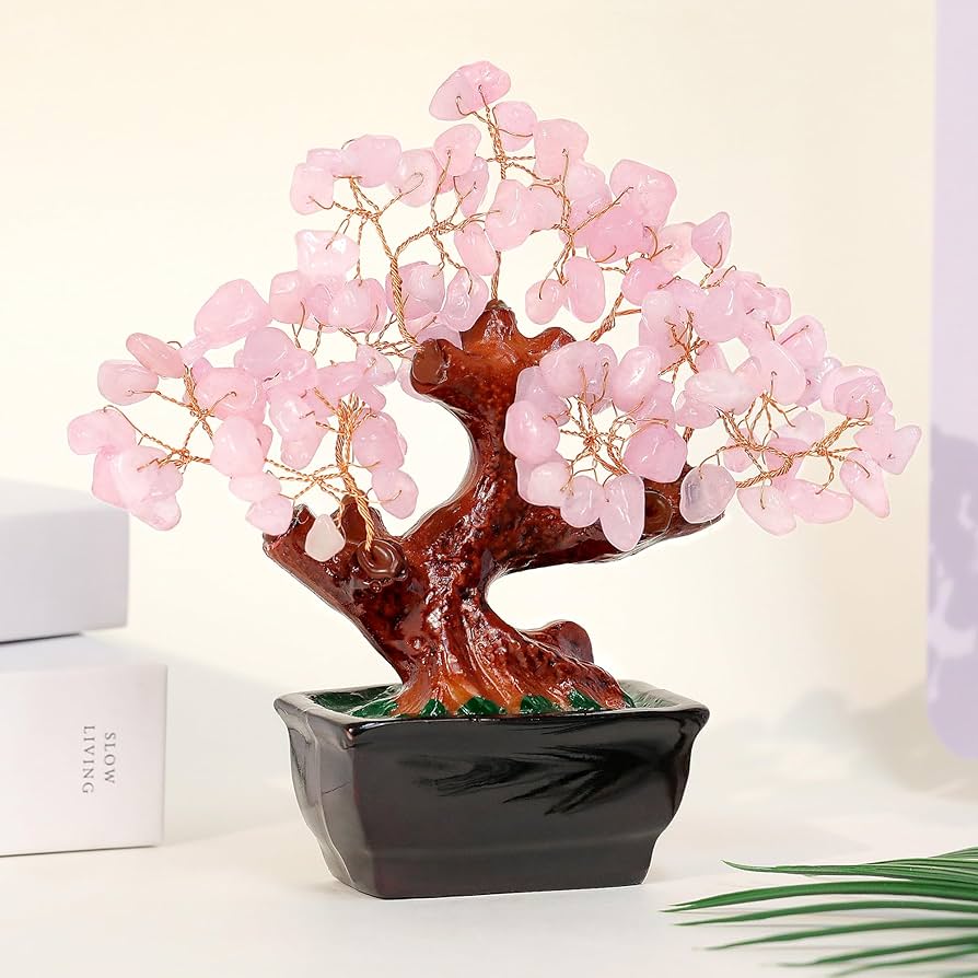 Parma77 Feng Shui Natural Rose Pink Quartz Crystal Money Tree, Healing Crystal Trees Bonsai Style Decoration for Wealth and Luck for Home Decor, Gifts for Women