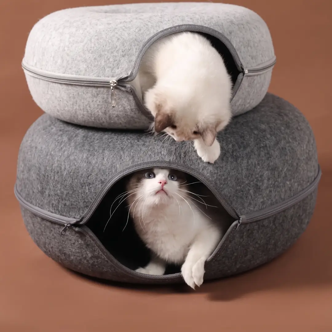 B-Tunnel Donut Cat Bed with Interactive Tunnel, Felt Indoor Cat House & Toy image 5