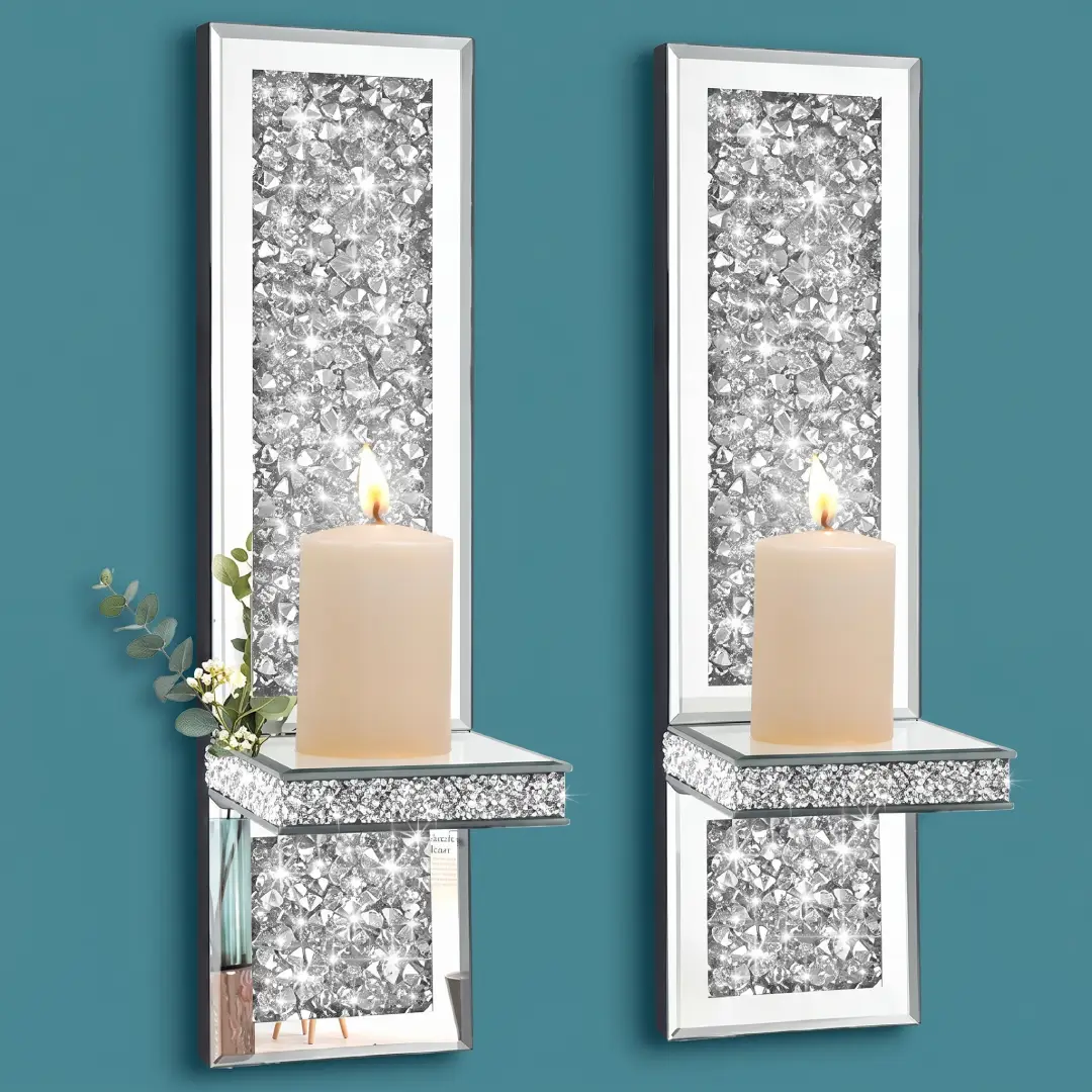 Crystal Mirrored Wall Candle Sconces Set of 2 image 2