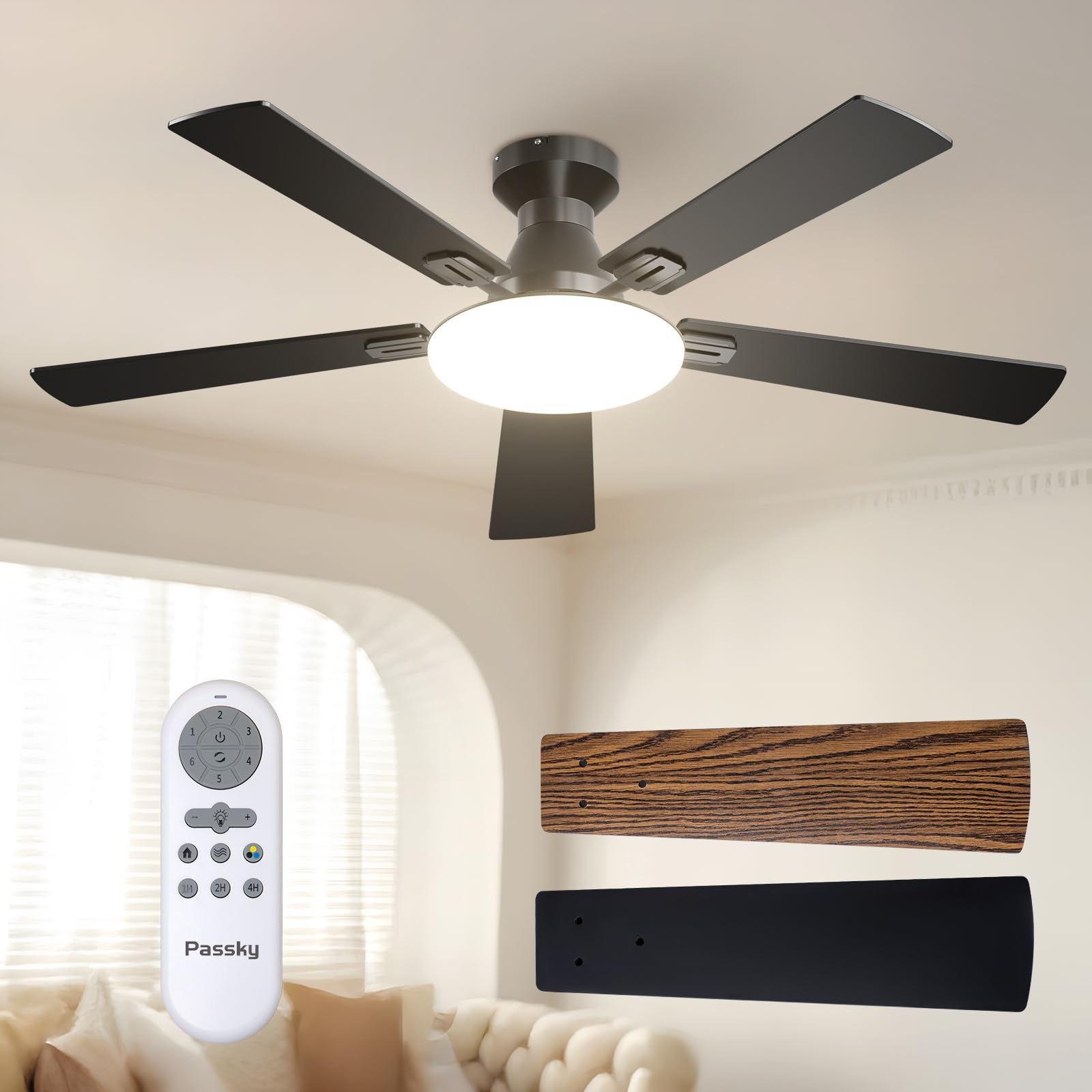 Passky Ceiling Fans with Lights, 52 inch Flush Mount Ceiling fan with Remote Control, Low Profile Ceiling Fan for Bedroom, Farmhouse, Reversible, 3CCT, Dimmable, Noiseless DC Motor, Black