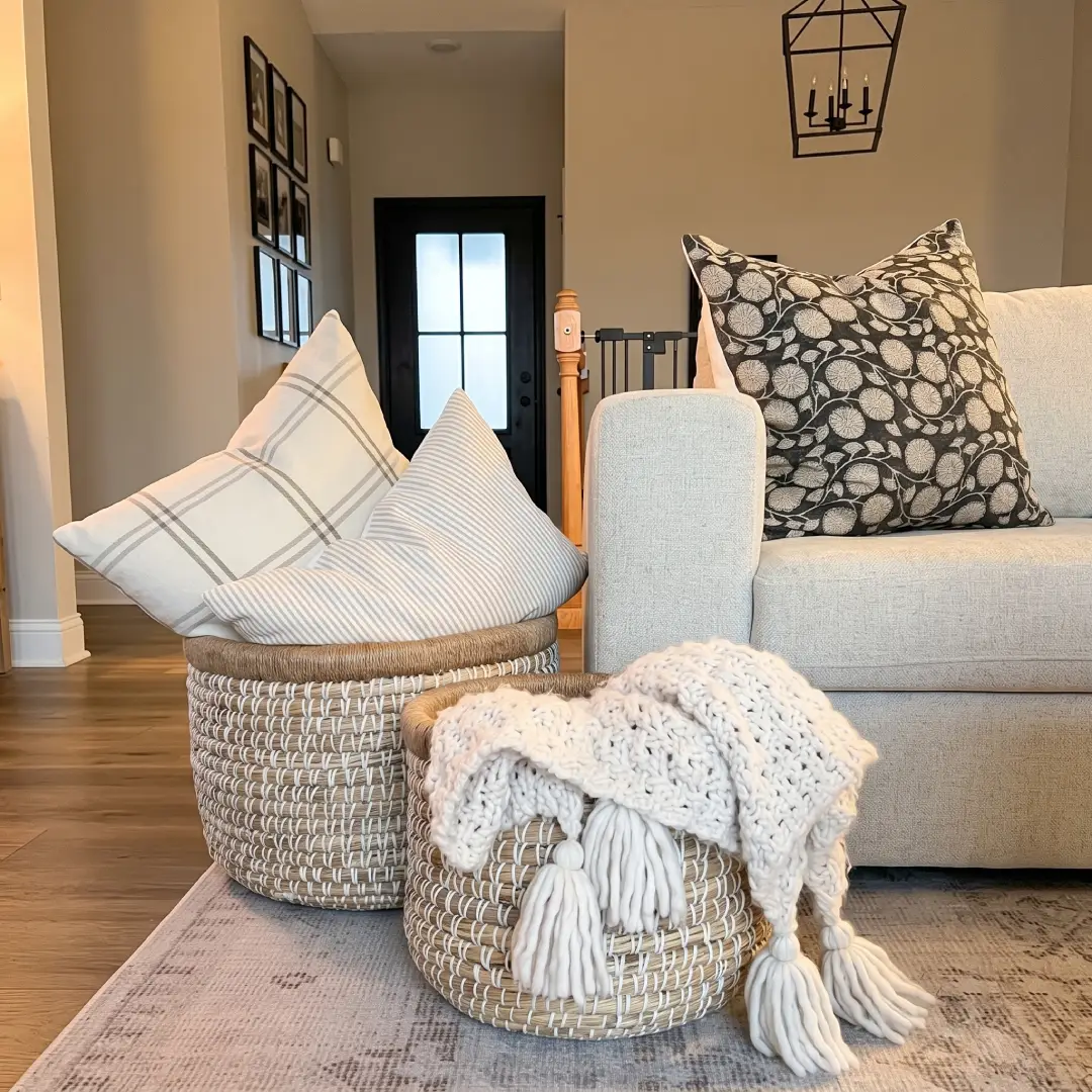 Beige Blanket Basket for Living Room Storage and Decor image 2