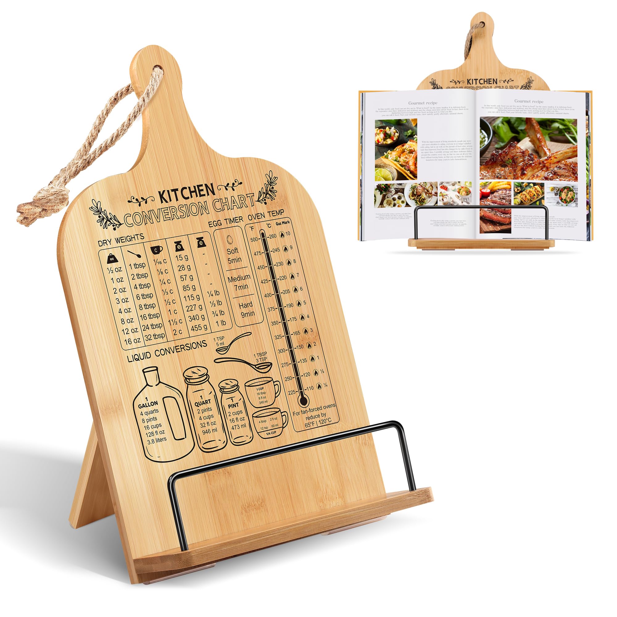 Bamboo Cookbook Stand for Kitchen Counter, Recipe Book Holder with Measurement Conversion Chart, Adjustable Cookbook Holder, Essential Accessories Women Gifts for Birthday Mothers Day