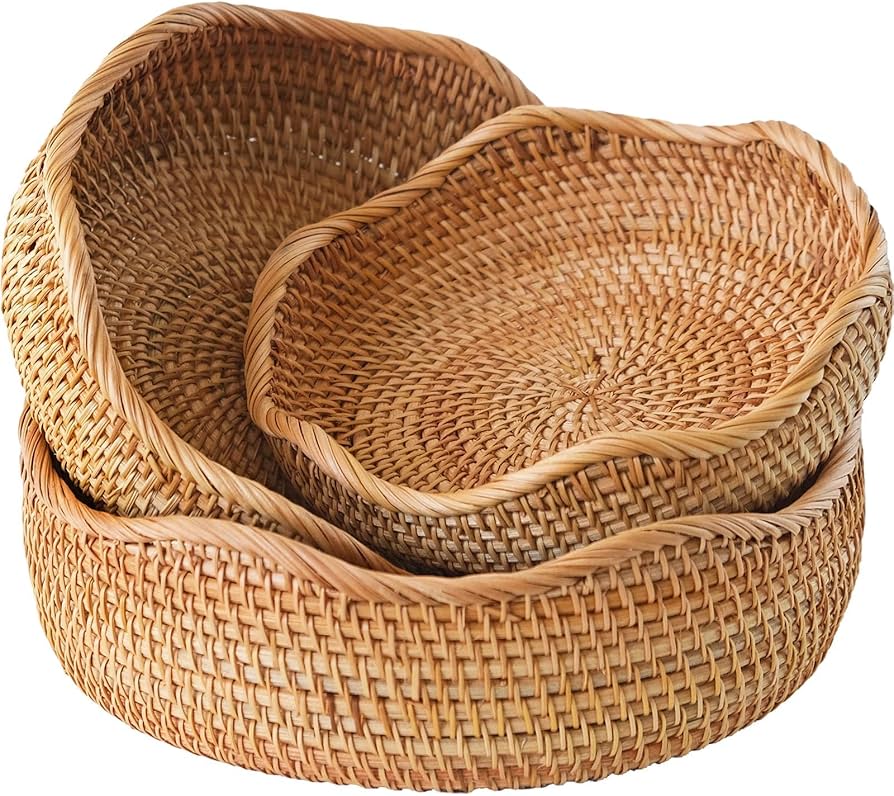 Rattan Fruit Basket for Kitchen Counter, Natural Wicker Bread Basket for Serving, Hand Woven Food Baskets, Decorative Bread Baskets for Serving, Fruits, Snacks, Candies, Nuts, Keys, Etc.(Round-Combo)