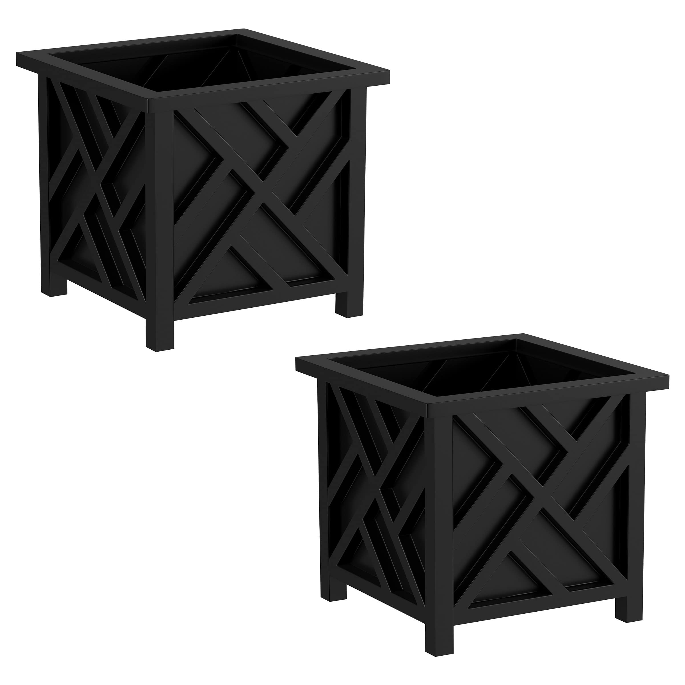 Lattice Design Planter Box 2-Pack – 14.75-Inch Decorative Outdoor Flower or Plant Pots – Front Porch, Patio, and Garden Decor by Pure Garden (Black)