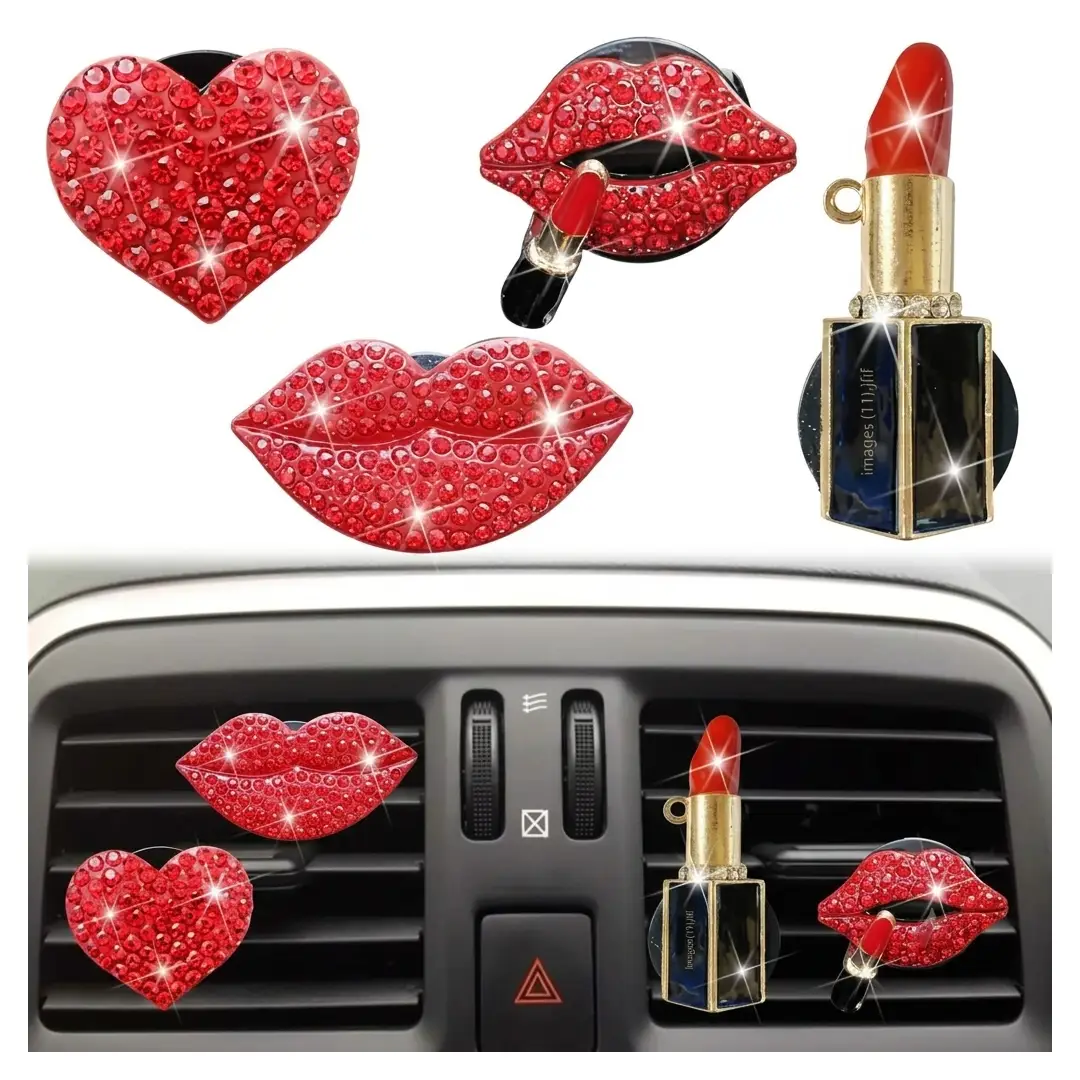 5 Pcs Bling Red Lips Car Air Vent Clips Heart Rhinestone Charms image 1