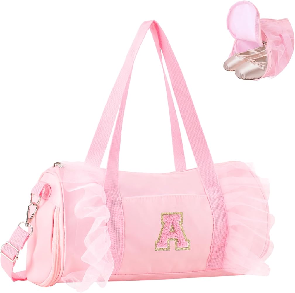 Personalized Initial Dance Bag for Girls 4-6, Small Lace Gym Sport Yoga Cheer Dance Bags Gift for Teen Girls, Cute Letter Kids Ballet Bag Toddler Travel Duffel Tote with Adjustable Straps(Pink-A)