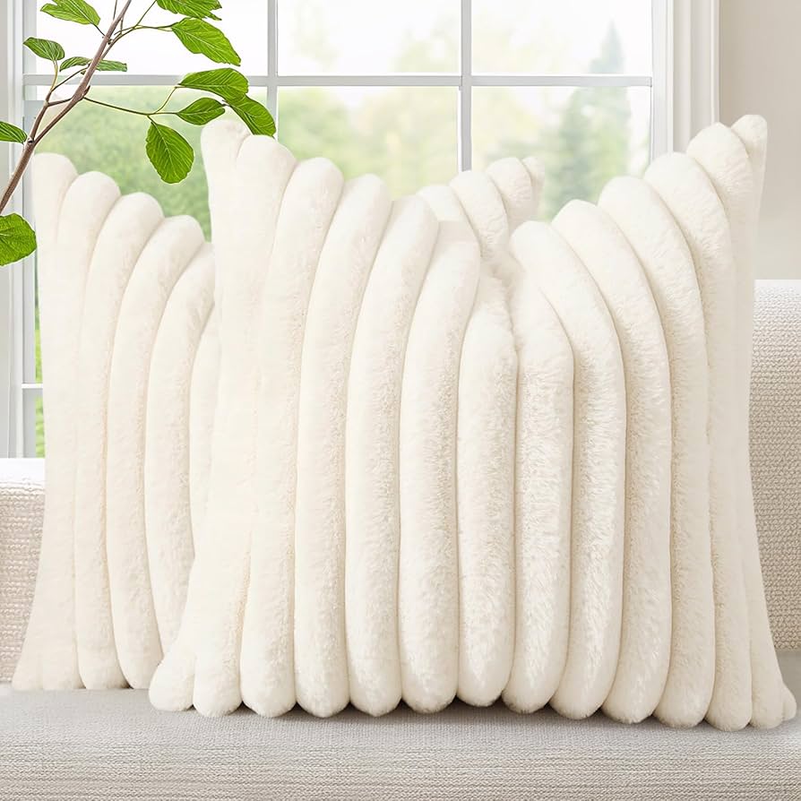 decorUhome Summer Cozy Faux Fur Throw Pillow Covers 18x18 Set of 2 Decorative Soft Plush Striped Modern Farmhouse Boho Couch Pillow Cases with Velvet Back for Sofa Bed Living Room, Cream White