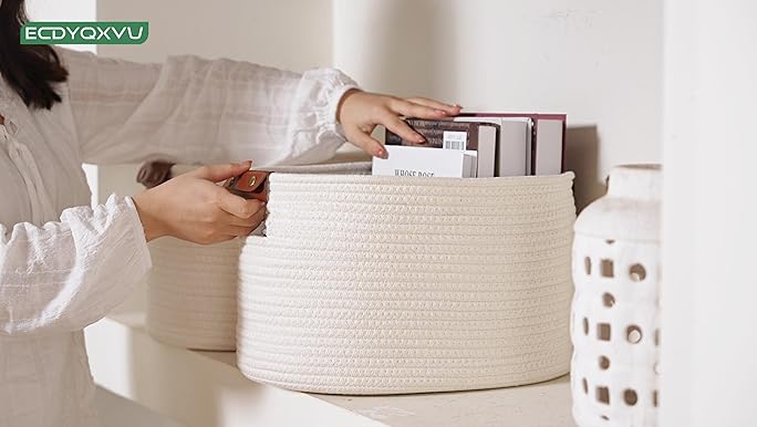 ECDYQXVU Cotton Rope Basket, Storage Baskets with Handle, 15x10x9 Inch Woven Basket for Shelves, Laundry, Towels, Clothes, Books (White 1Pack)