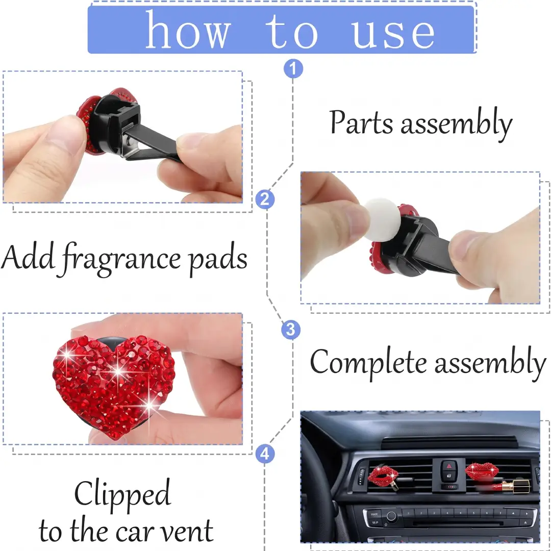 5 Pcs Bling Red Lips Car Air Vent Clips Heart Rhinestone Charms image 4