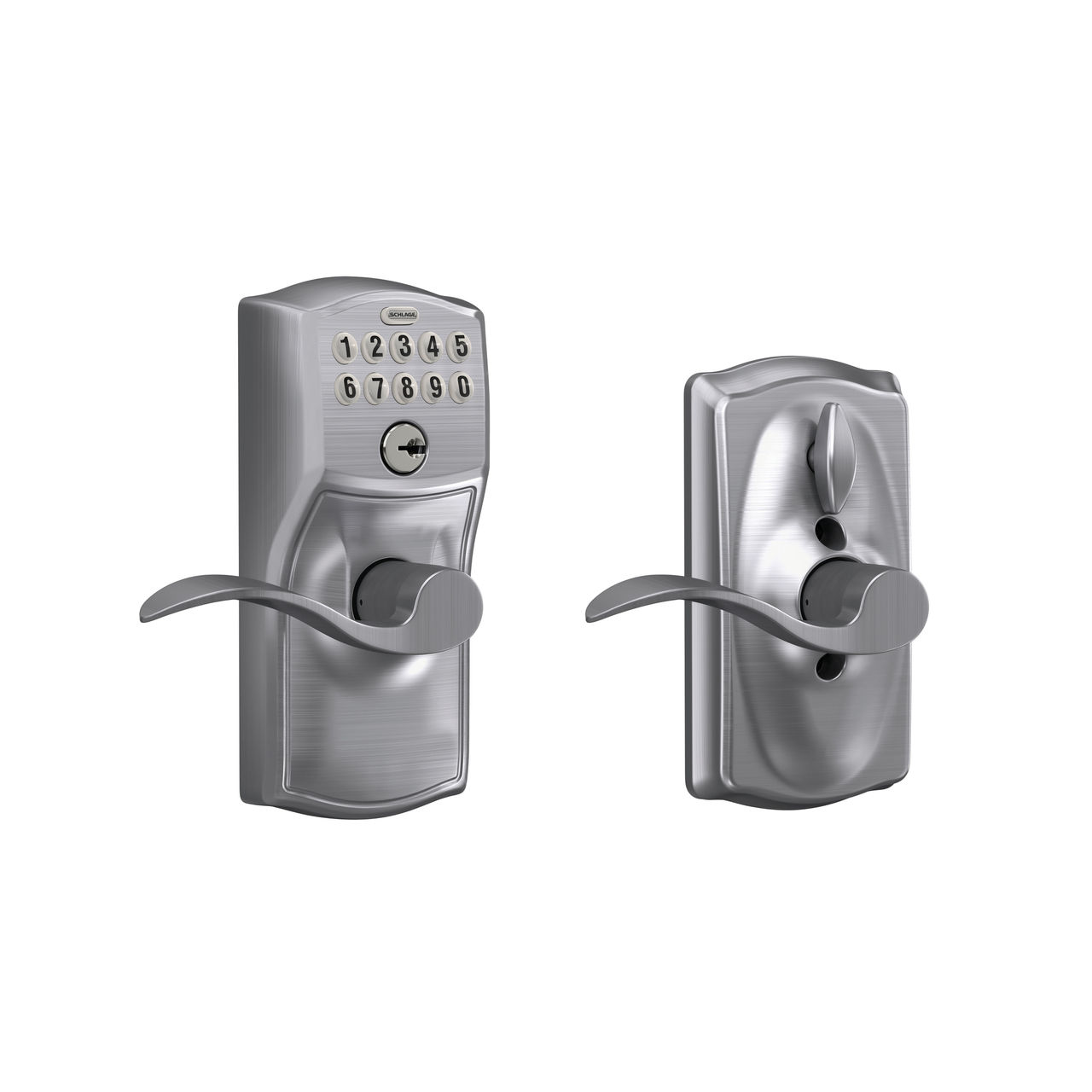 Schlage Camelot Keypad Lock with Lever Handle, Electronic Keyless Door Entry, Flex Lock Auto‑Lock Option, Satin Chrome, FE595 CAM 626 ACC