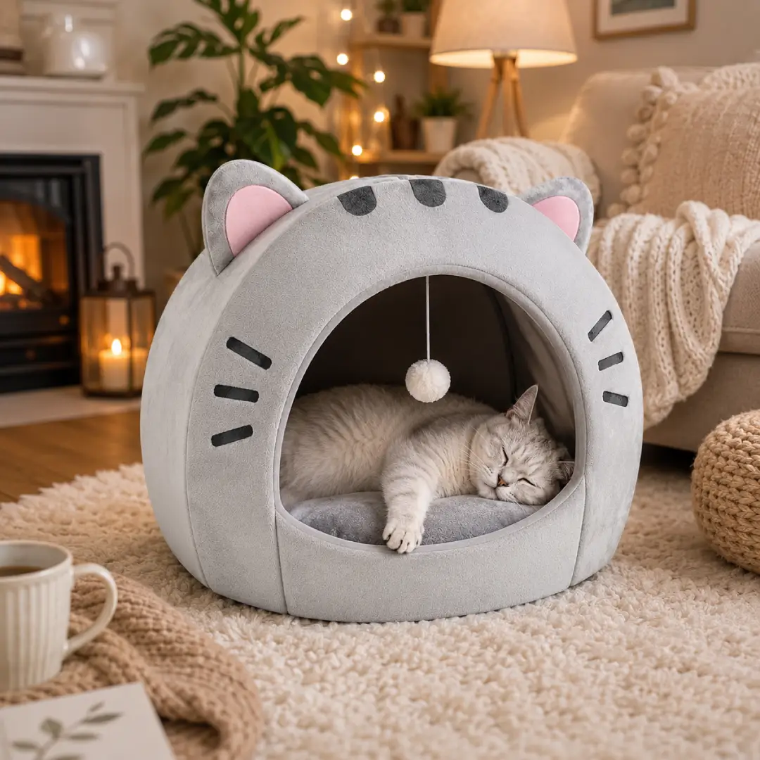 Cozy Cartoon Cat Cave Bed for Small & Medium Cats – Covered Pet House with Cushion