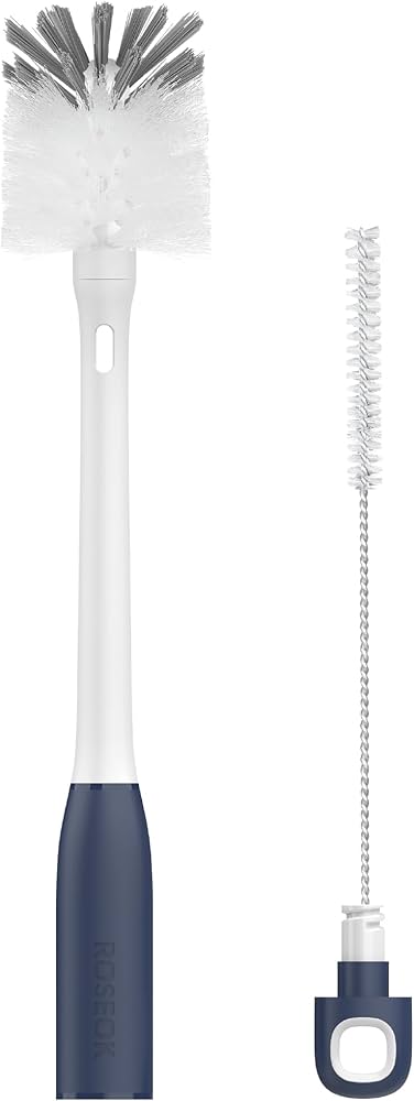 ROSEOK 2 in 1 Long Handle Bottle Brush with Straw Brush for Cleaning Glass, Sports Bottle, Coffee Mug,Navy Blue,1 Pack