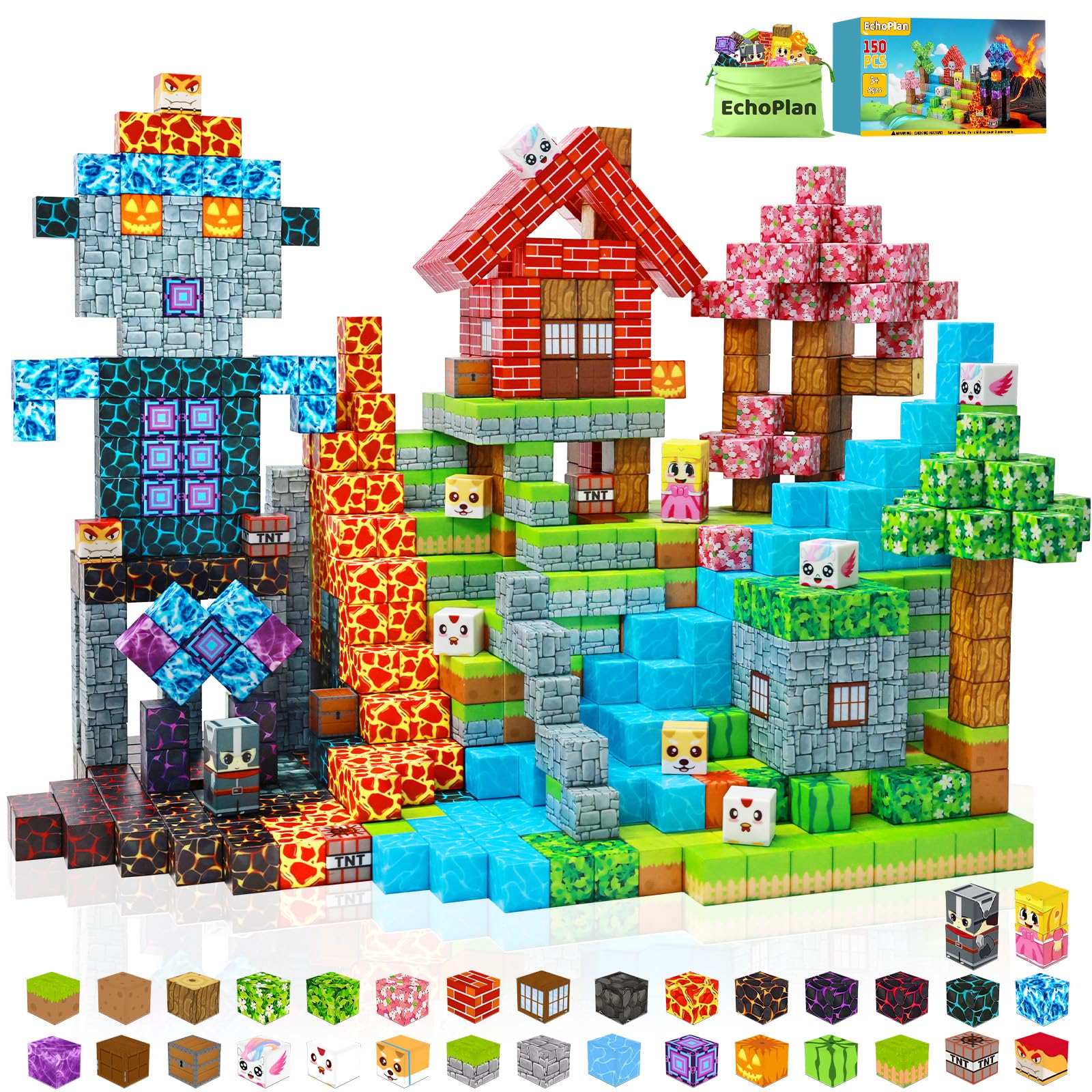 EchoPlan 150PCS Magnetic Blocks, Magnetic Building Blocks, STEM Constructions Magnet Blocks for Boys Girls Age 3 4 5 6 7 8 9 10, Sensory Stacking Toy Christmas Birthday Gifts for Kids, 1" Large Size