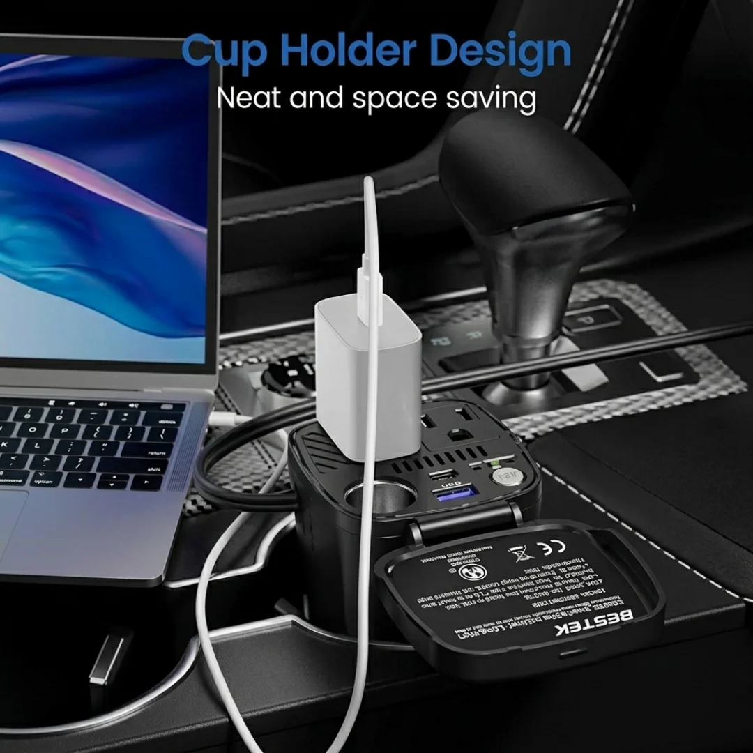BESTEK 200W Cup Holder Car Power Inverter with Dual USB Ports image 3
