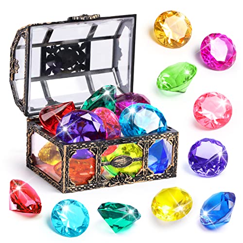 Diving Gem Pool Toy 10PCS DISHIO Big Colorful Diamond Diving Toy with Treasure Box Chest Pirate Pool Toys for Kids Toddlers Underwater Sinking Dive Gemstone for Swimming Bath Birthday Party Decoration