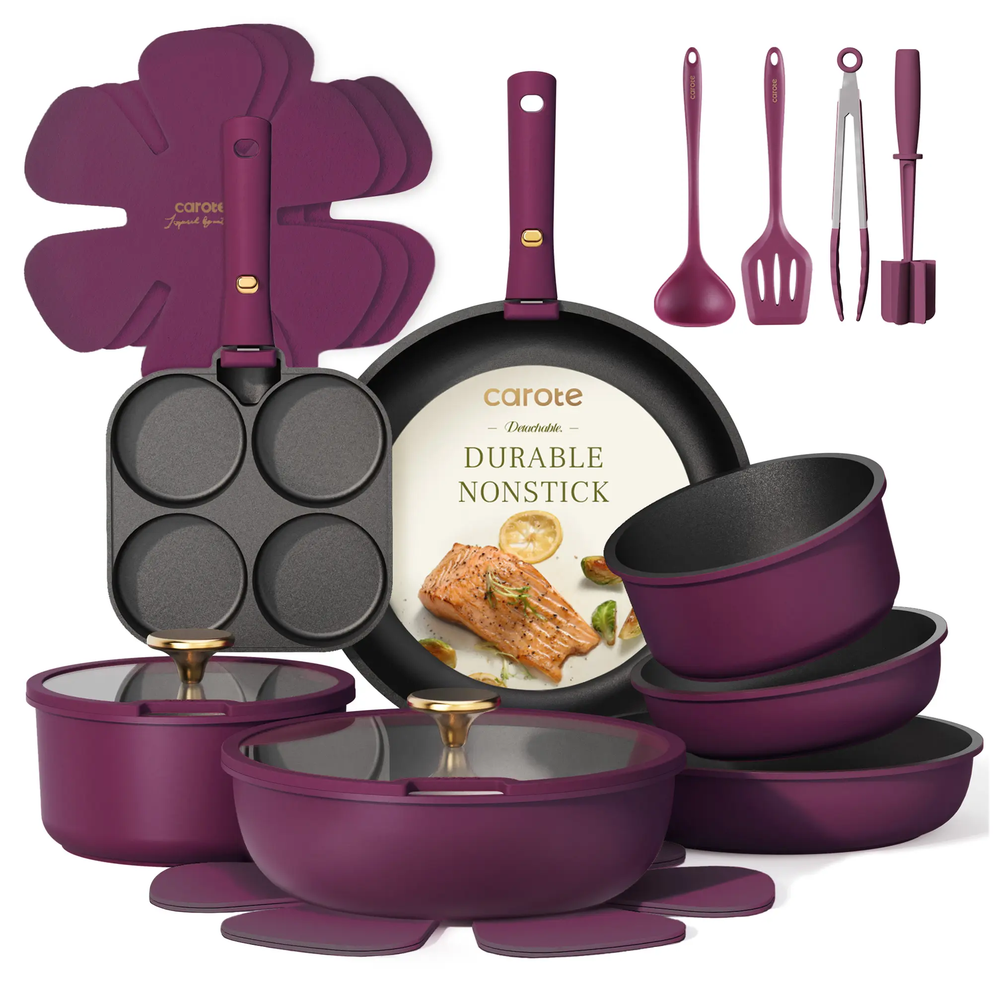 CAROTE 21pcs Pots and Pans Set, Nonstick Cookware Set Detachable Handle, Induction Kitchen Cookware Sets Non Stick with Removable Handle, RV Cookware Set, Gold and Purple