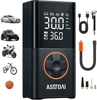 AstroAI L7 Tire Inflator Portable Air Compressor Cordless Mini Bike Pump with Digital Dual Values Display, 150 PSI Car Tires Air Pump with LED Lights&Pressure Gauge for Auto, Motorcycles, Bikes, Balls