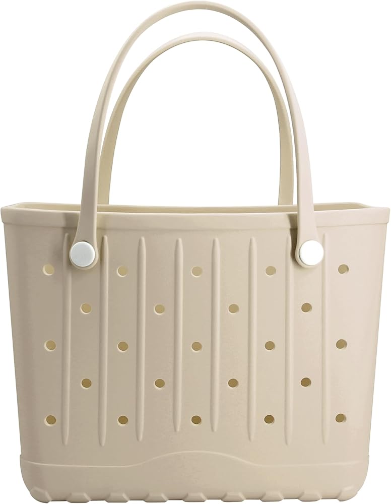 Larcenciel Rubber Tote Bag, Perforated Design Waterproof Beach Bags for Women with Shoulder Strap, Summer Travel Beige Handbag Pool Bag for Travel, Beach, Boat, Work, Sports, 9.843.9413.78 in