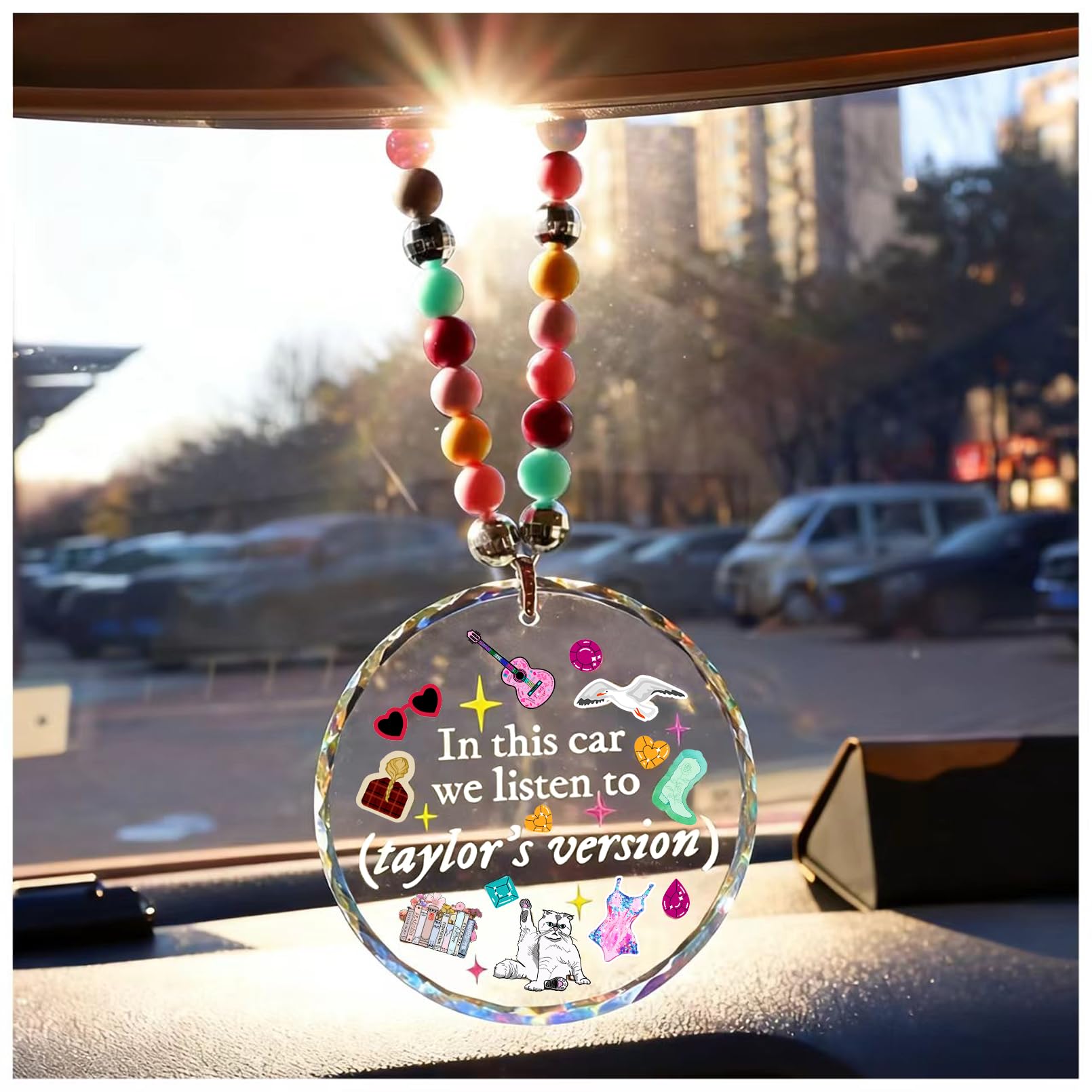 in This car we Listen to Taylors Version Ornament, car Pendant for Rear View Mirror, Popular Crystal Hanging Accessories, Sun Catcher Ornament for Rear View Mirror Women