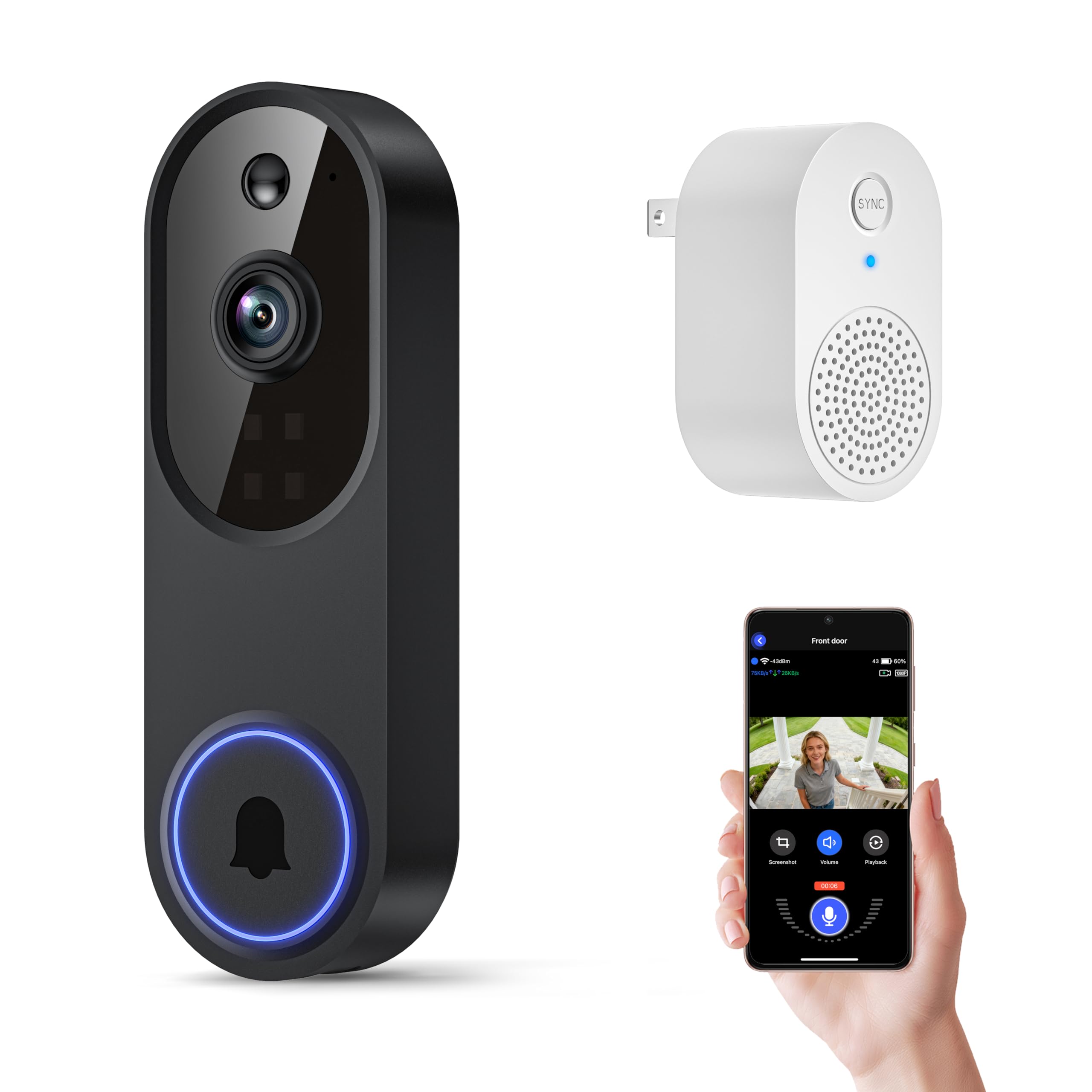Orbitell 1080p Wireless Wi-Fi Video Doorbell Camera with Two Way Audio, Night Vision, Cloud Storage, Smart AI Motion Detection, Support 2.4GHz Wi-Fi only