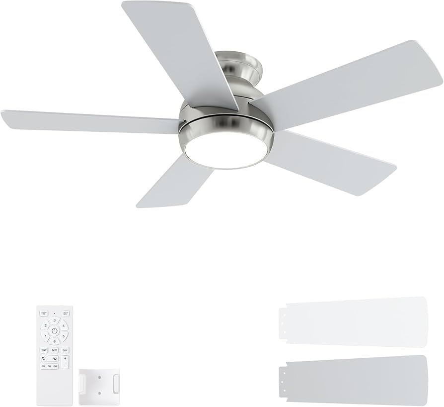 POCHFAN 52 Inch Ceiling Fans with Lights and Remote, Brushed Nickel Flush Mount Low Profile Ceiling Fan for Bedroom, Living Room, Patio, Dimmable 6 Speeds Noiseless, ETL Listed