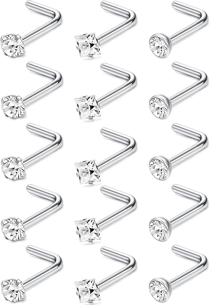 Nose Rings Studs: 8Pcs 20G/18G Gold/Silver 316L Surgical Stainless Steel Nose Studs Hypoallergenic Corkscrew Nose Piercing Stud Jewelry for Women Men Clear Cubic Zirconia Imitation Diamond Top Size 1.5mm 2mm 2.5mm 3mm