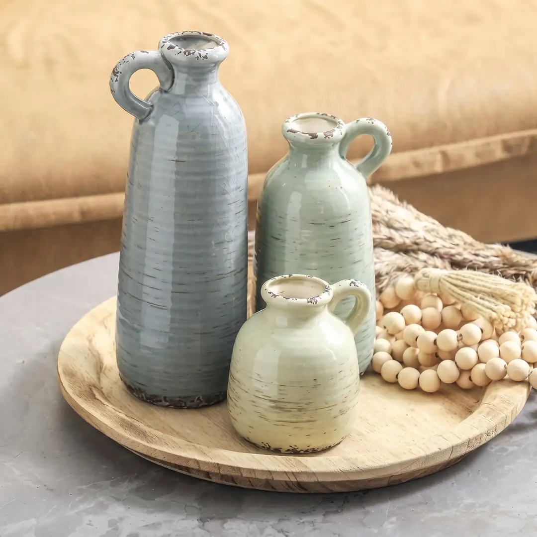 Rustic Ceramic Vases Set of 3 with Handles image 1