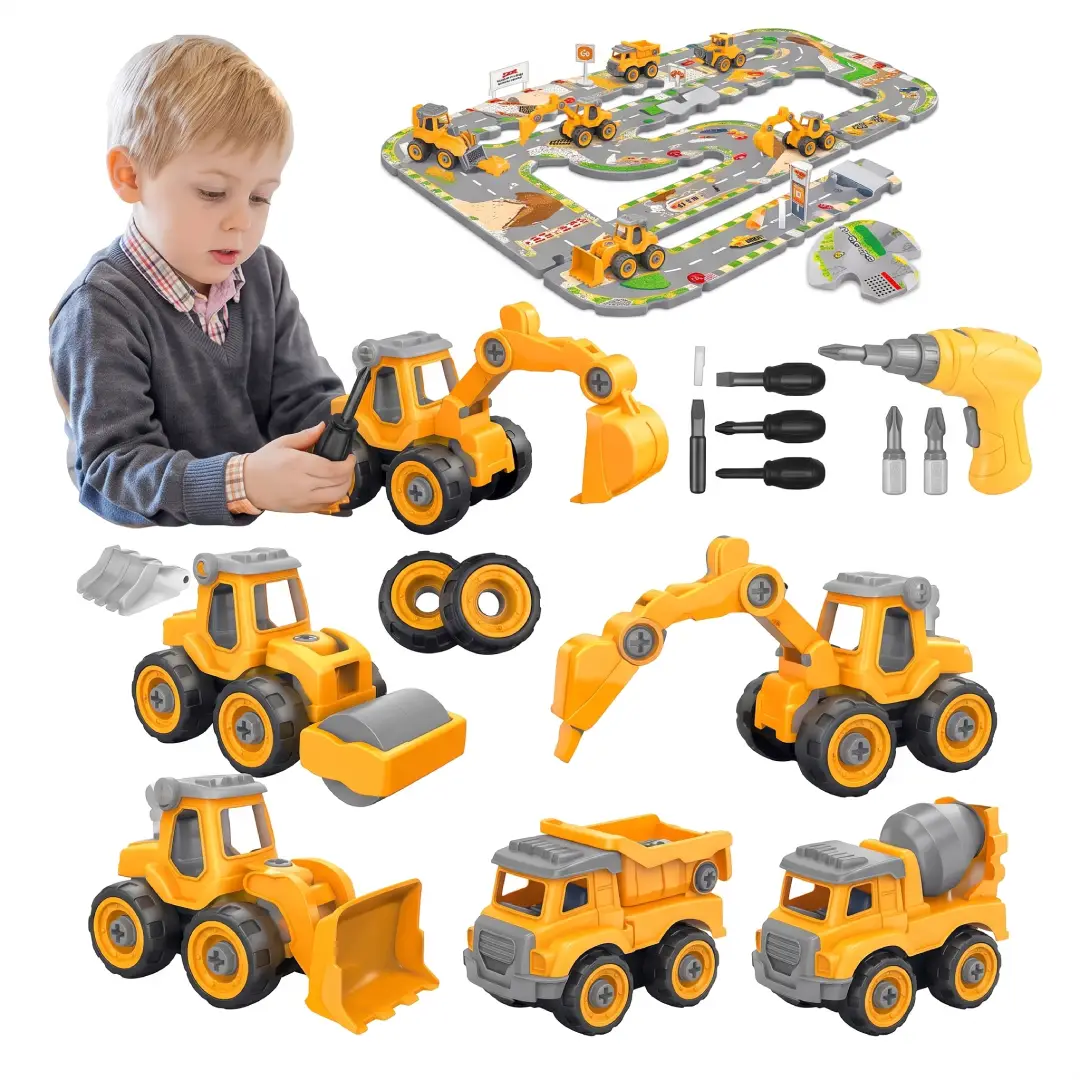 6-in-1 Take Apart Construction Truck Set with Electric Drill – STEM Building Toy for Kids