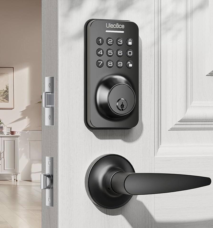 Ulecoce Keyless Entry Keypad Deadbolt with Handle Set, Smart Lock, Auto-Lock + One-Touch Lock, 100 Codes + 15-Min Easy Install, Ideal for Airbnb/Homes/Offices, Fits U.S. Standard Front Doors, Black