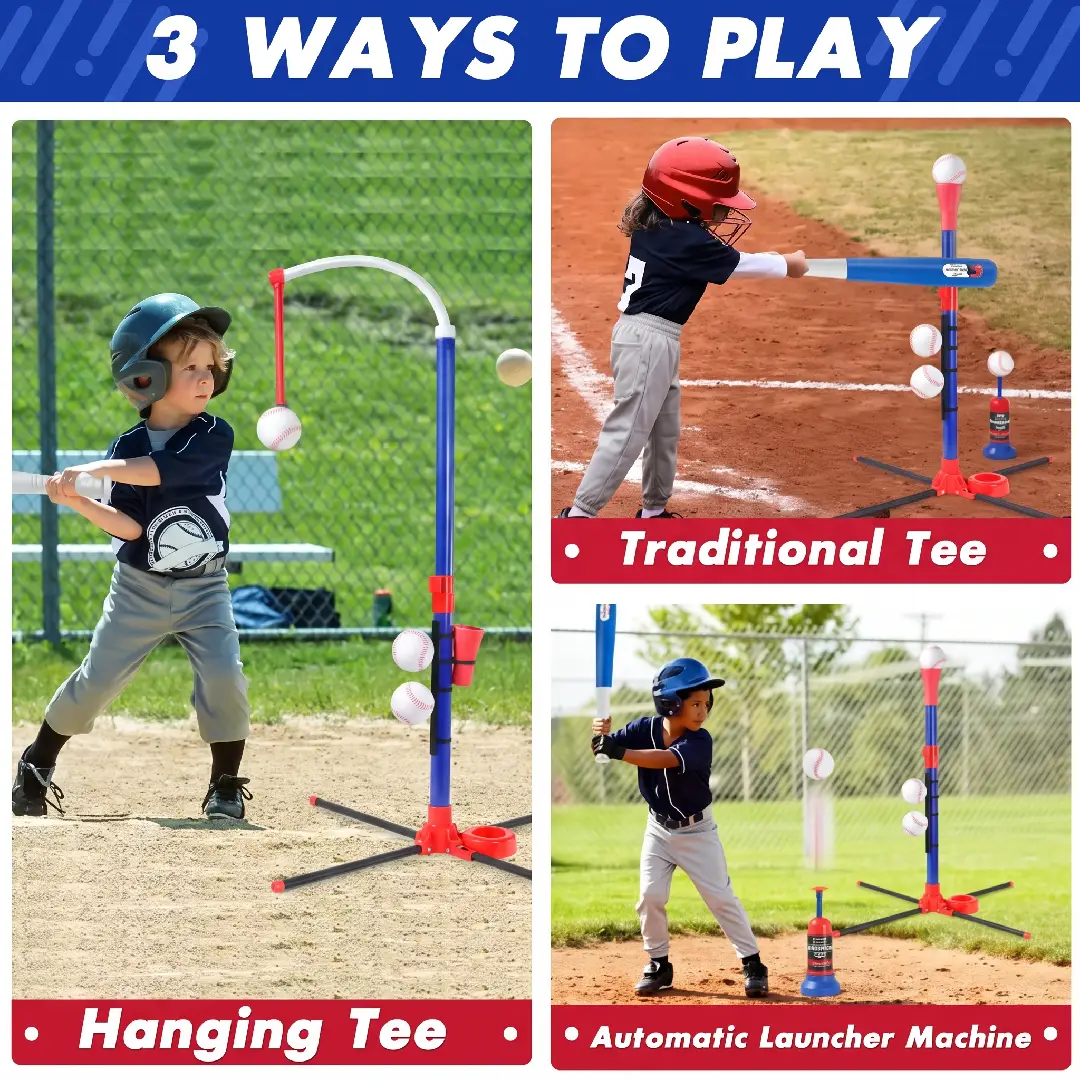 3-in-1 Kids Baseball Toy Set with Adjustable T-Ball Stand image 2