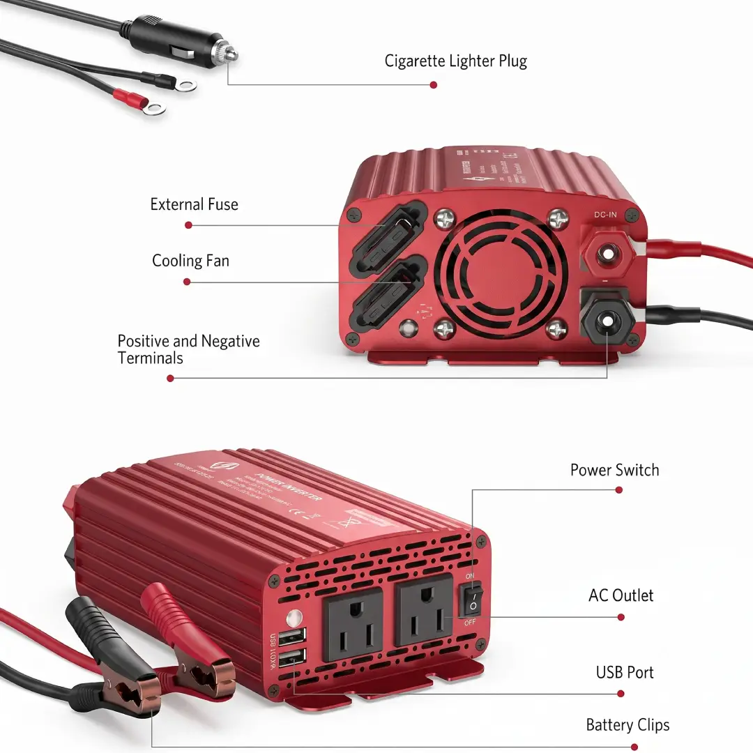 BESTEK 500W Power Inverter 12V to 110V with Battery Clamps and USB image 4