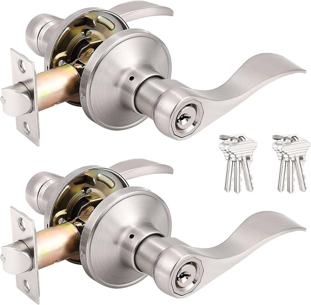 Probrico (2 Pack Wave Style Keyed Alike Entry Levers, Exterior Interior Satin Nickel Keyed Door Handles with Lock and Same Keys, Reversible for Right Left Handed Doors