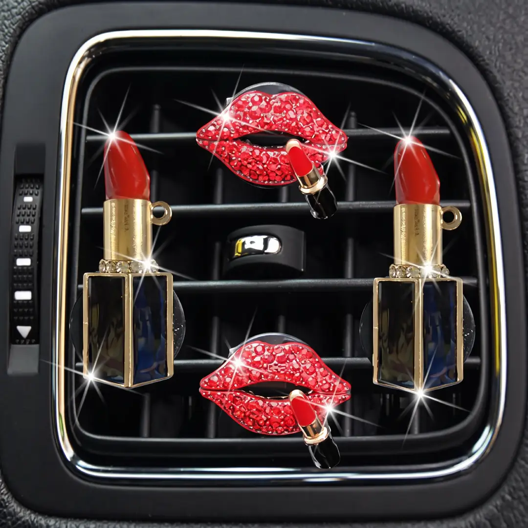 5 Pcs Bling Red Lips Car Air Vent Clips Heart Rhinestone Charms image 3
