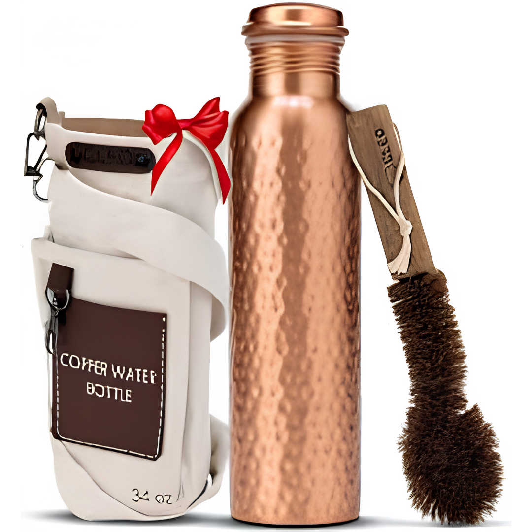 Authentic Ayurvedic Copper Water Bottle 34 oz with Bag