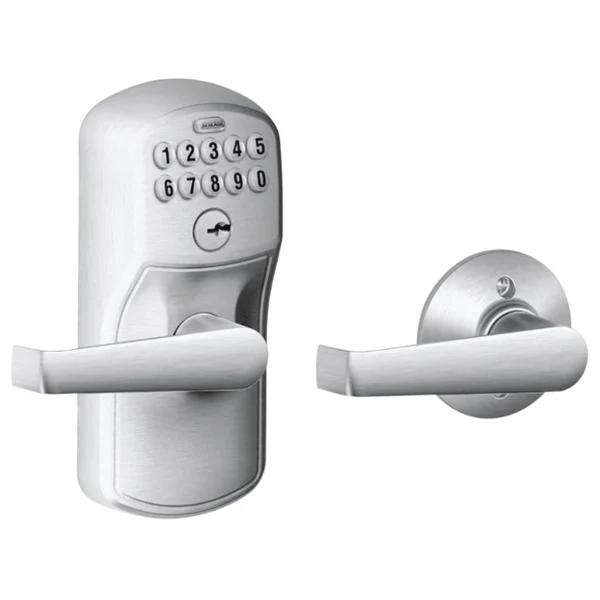 Schlage Plymouth Keypad Lock with Lever Handle, Electronic Keyless Door Entry, Auto‑Lock Enabled, Satin Chrome, FE575 PLY 626 ELA