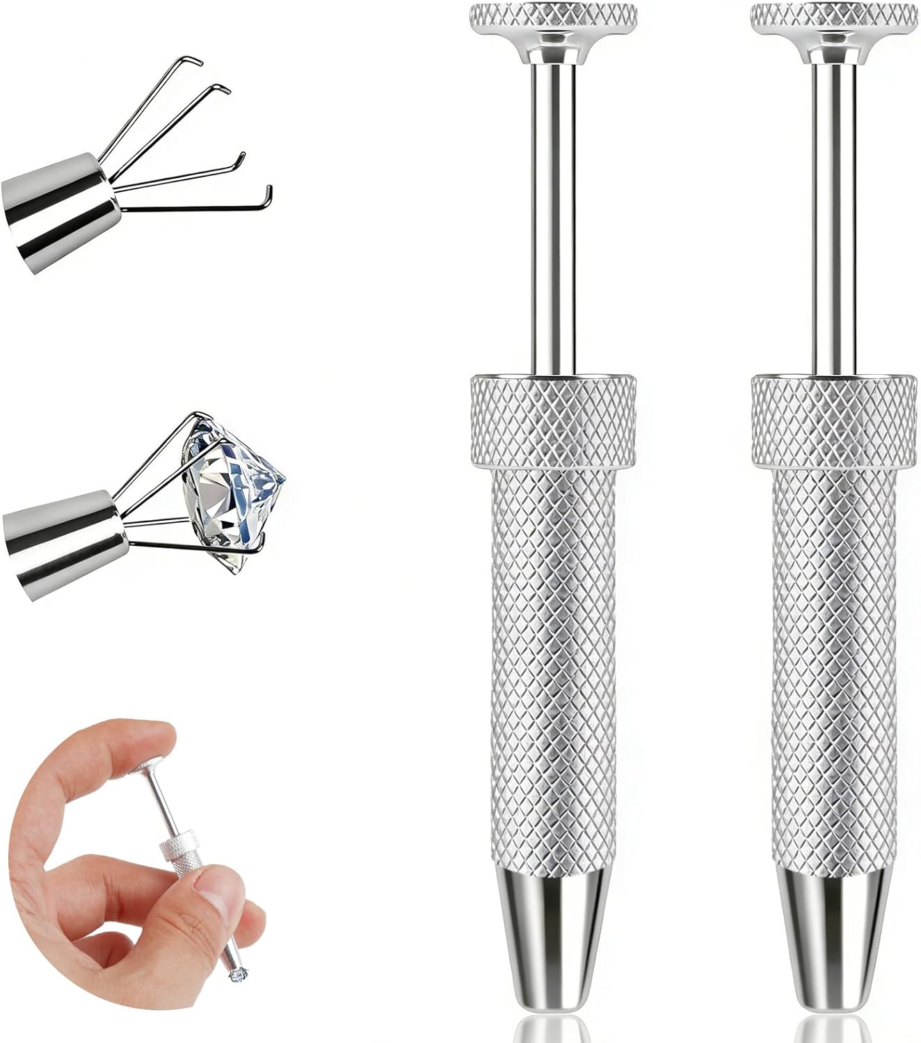 ONESING 2Pcs Piercing Ball Grabber Tool for Changing Jewelry, Stianless Steel Flat Back Earring Applicator Internally Threaded Push Pin Piercing Grabber Tool, Anti Slip 4 Claw Gem Ball Grabber Tool