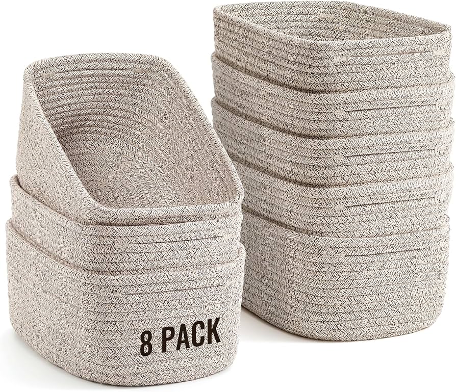 8 Pack Small Storage Baskets for Organizing, Woven Rope Bins for Bathroom, Closet, Shelf Organizer, Cute Cube Decorative Box for Towels, Baby Nursery, Toys, Gift Empty Baskets - 11.5"x7.5"x4.7"-Brown